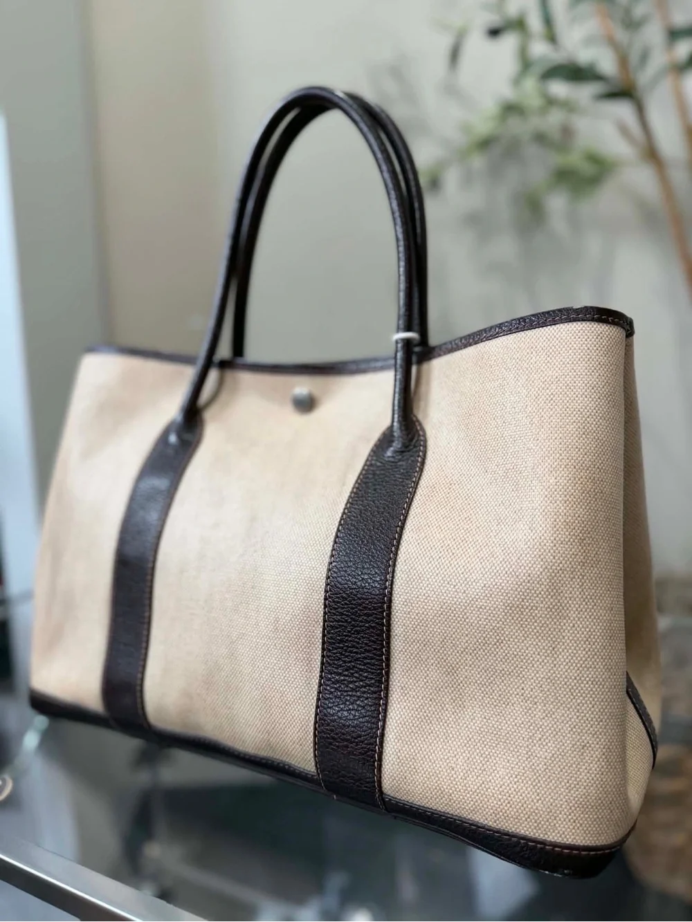 Hermes Beige Canvas Tote with Dark Brown Leather Trim